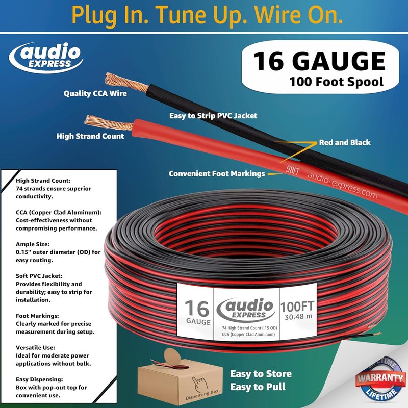 Audio Express 100ft 16-Gauge Audio Stereo Speaker Wire Cable,100 Feet,30.48 Meters,2 Conductor,Flexible Red-Black PVC, CCA, Dispensing Box,Home Theater, HiFi,Auto,Hook-Up,74 High Strand Count (.15 OD) - Image 2